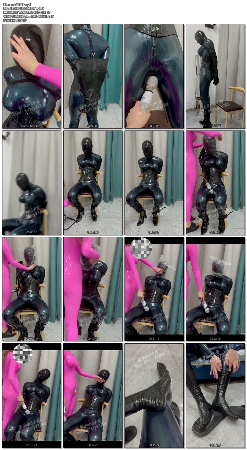 20958----【徒手和小兔】小兔变女S报复玩弄我伪娘胶衣束腰微孔头套 单手套捆绑 塑料袋.jpg