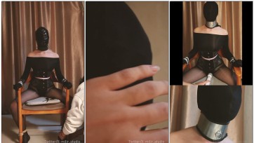 【米粒儿工作室】椅子固定止息处刑！露肩紧身丝袜连体衣 超紧头套+丝袜+高位项圈，塑料袋、内裤套头，颈部活动不能